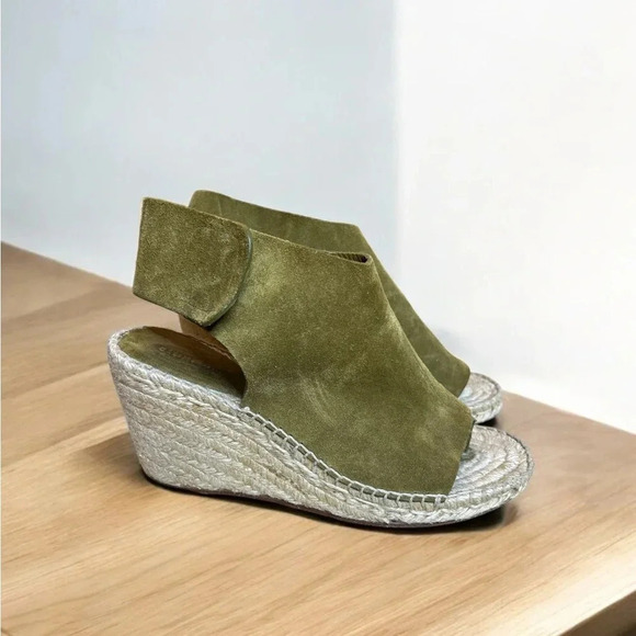 CELINE Paris Made In Spain Suede Olive Green Jute Open Toe Wedge Espadrilles - Picture 11 of 11